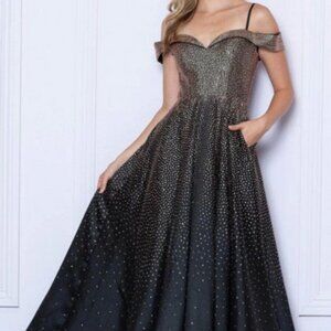 Ed Young Poly USA Black Rose Gold Bejeweled Off Shoulder Prom Dress